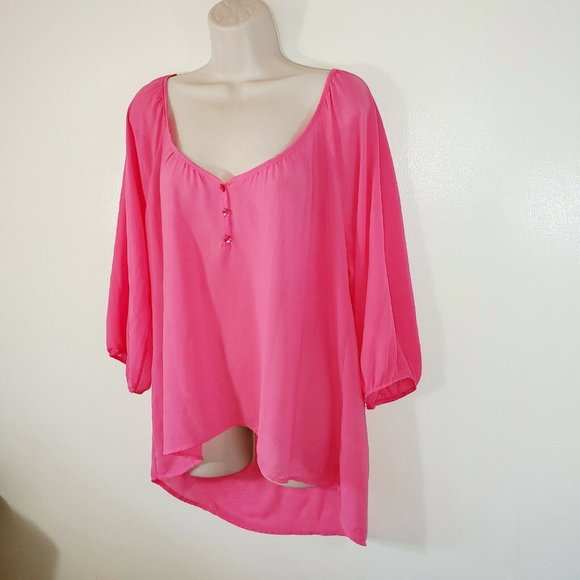 Point Womans Large Blouse Sheer Pink Vneck Button - Picture 4 of 8